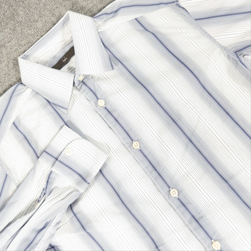 Z Zegna City Mens Blue White Striped Long Sleeve Button Down Shirt 38 15 #4839